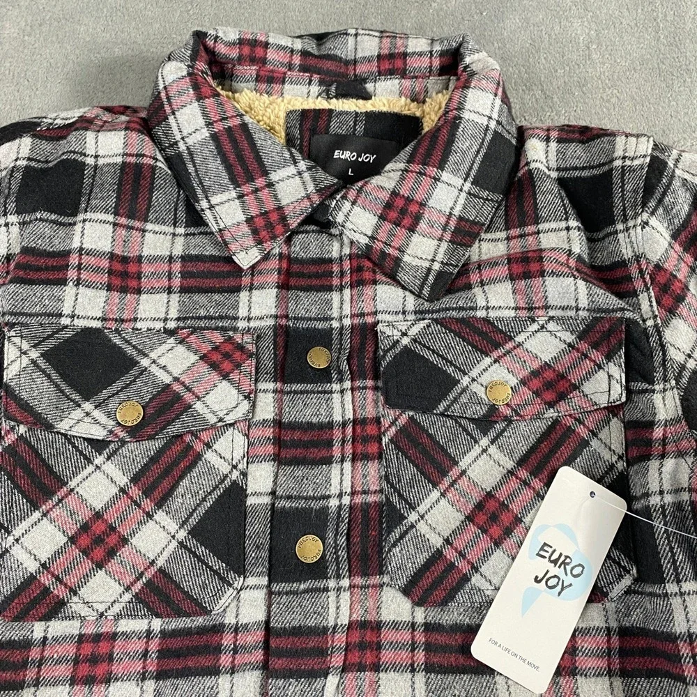 EURO JOY Flannel Shirt Jacket Men L Sherpa Lined Plaid Shacket Snap Outdoor Warm